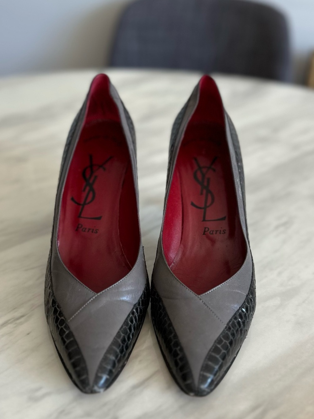 Vintage YSL Grey Snakeskin-Style Leather Pumps 9.5N w/ Original Box